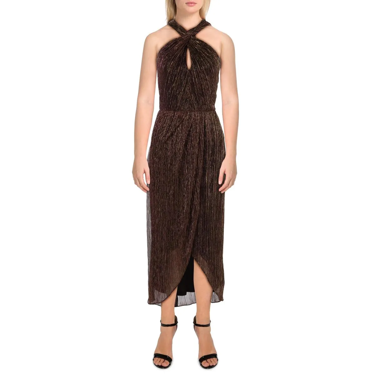 Adrianna Papell Womens Mesh Tea Length Wrap Dress