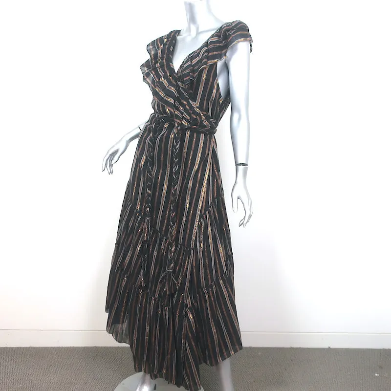 Apiece Apart Wrap Dress Nueva Costa Black/Copper Lurex Striped Cotton Size 12