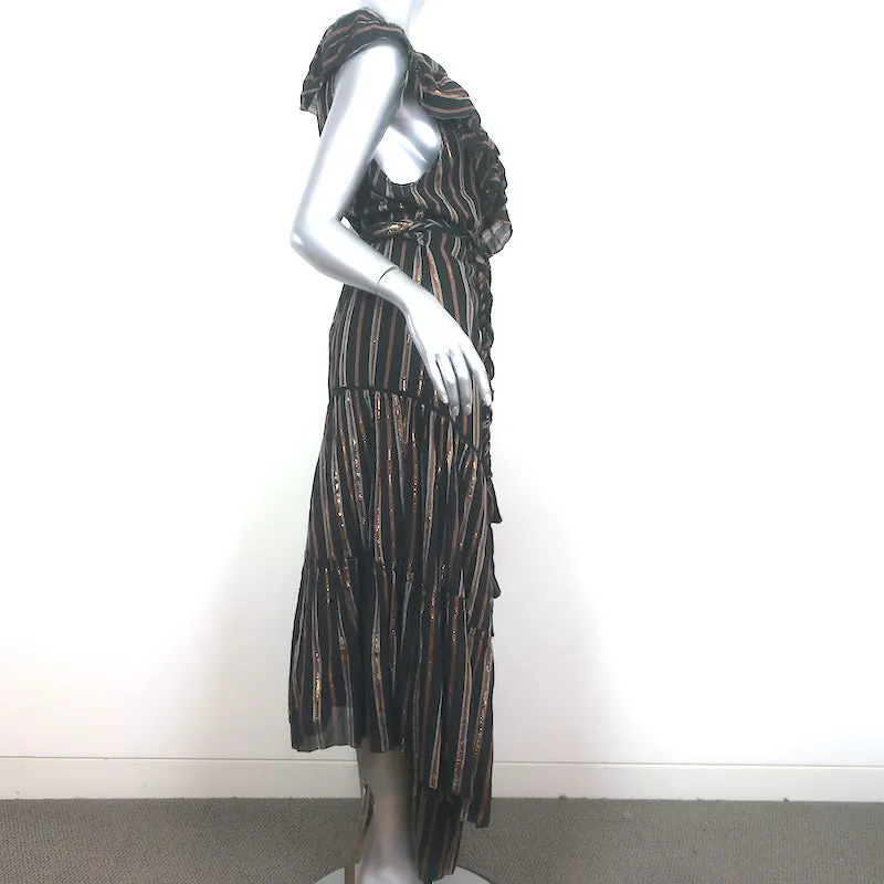 Apiece Apart Wrap Dress Nueva Costa Black/Copper Lurex Striped Cotton Size 12