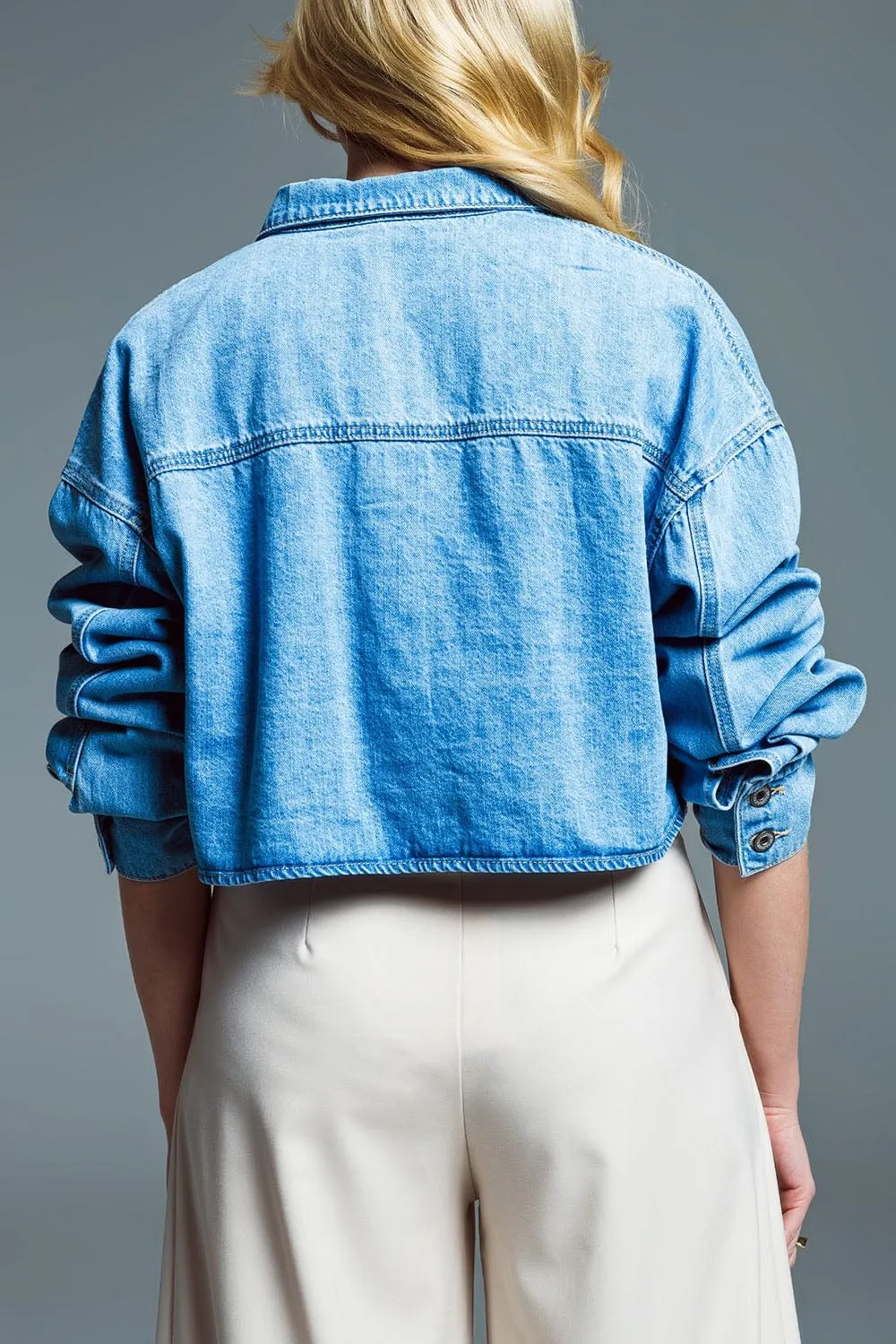 Basic Cropped Denim Jacket In Light Blue With Chest Pocket