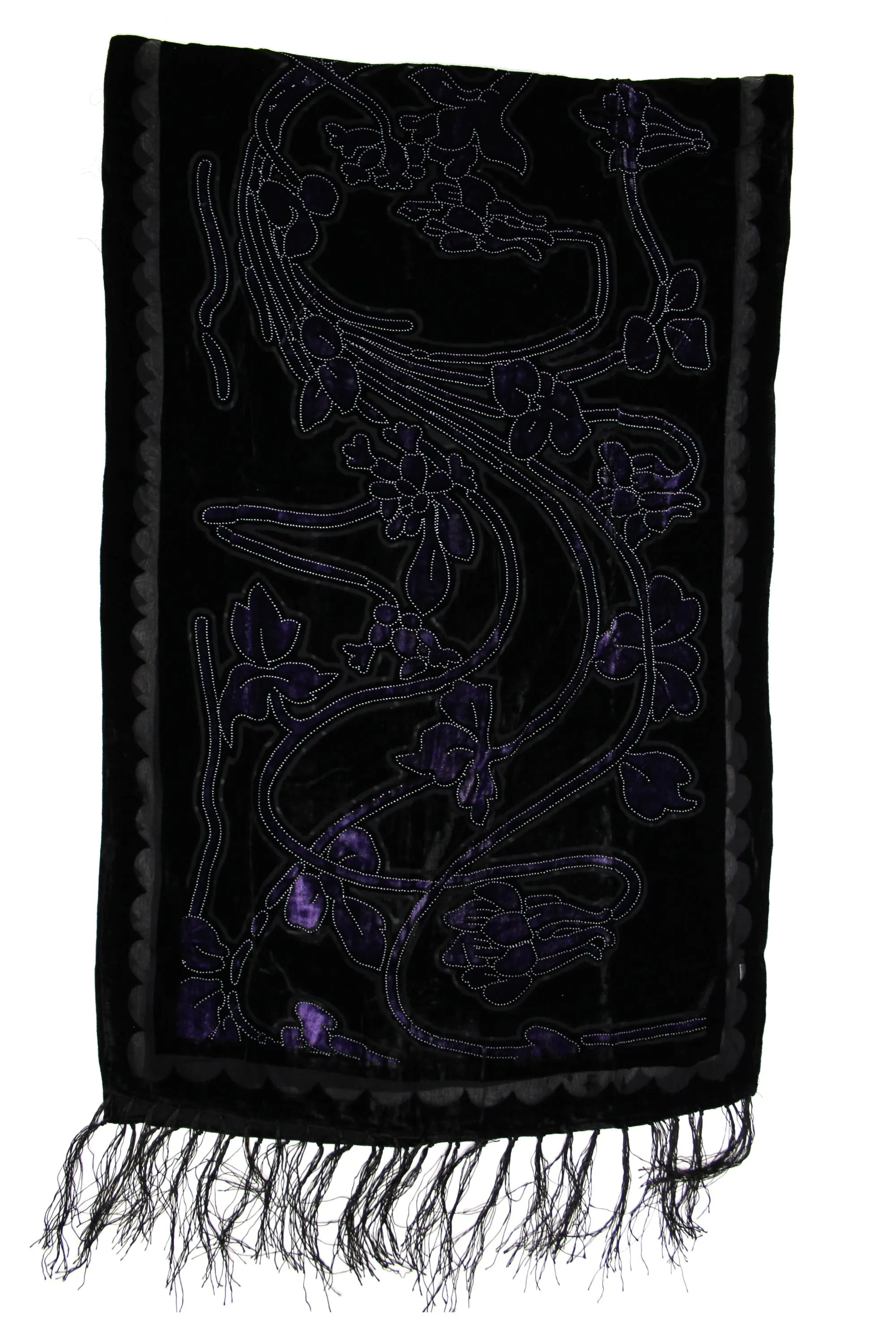 Black   Blue Floral Patterned Devore Velvet Scarf (160 x 52cm)