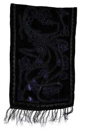 Black   Blue Floral Patterned Devore Velvet Scarf (160 x 52cm)