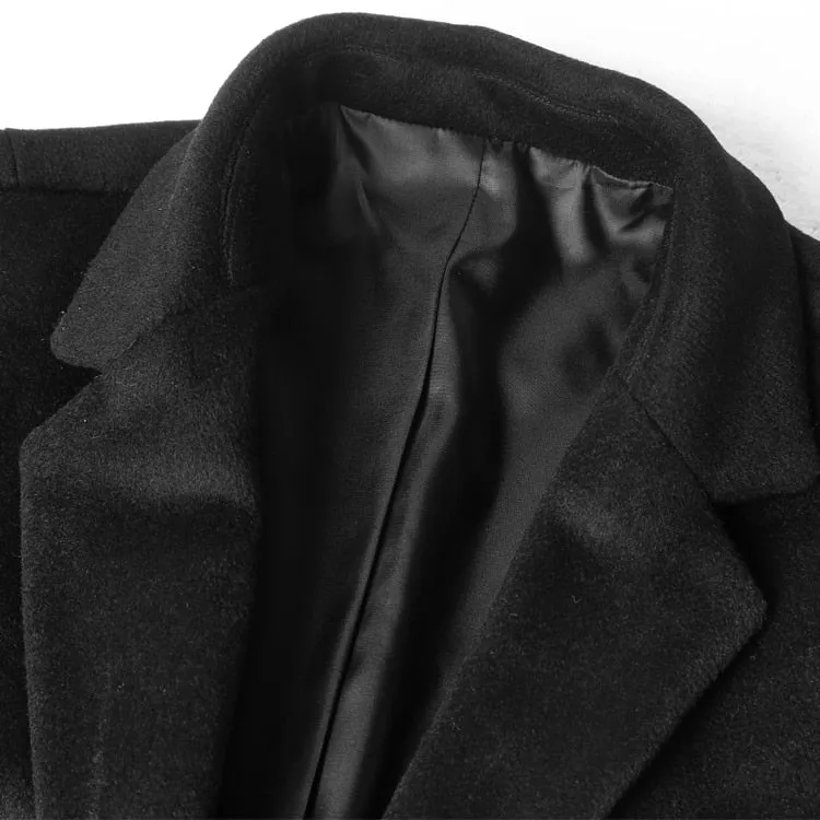 Bold Black British Style Black Long Cashmere Woolen Men Overcoat