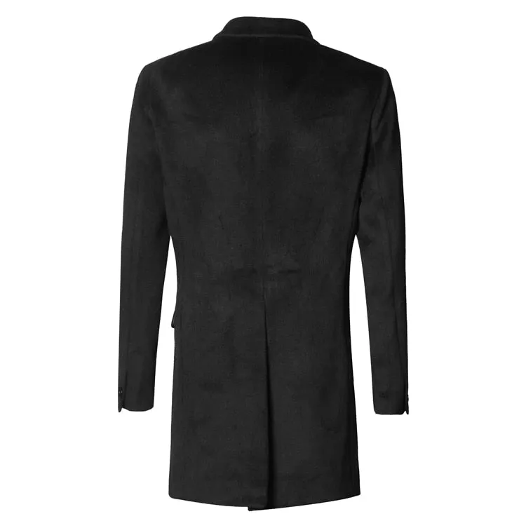 Bold Black British Style Black Long Cashmere Woolen Men Overcoat
