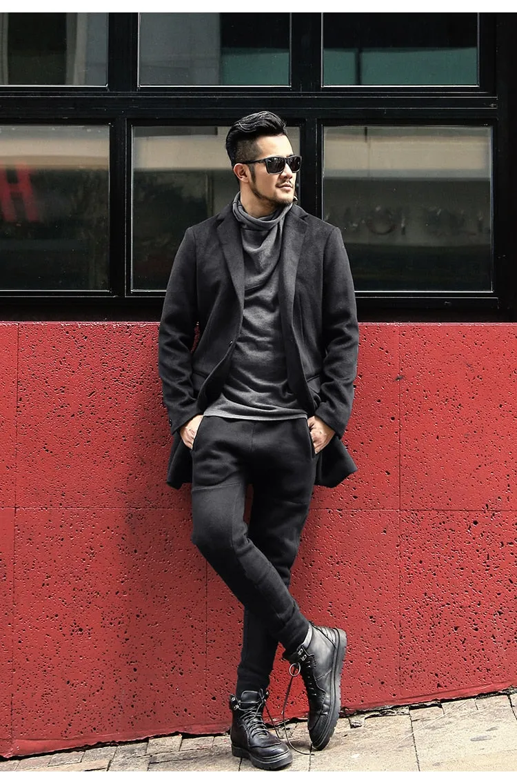 Bold Black British Style Black Long Cashmere Woolen Men Overcoat