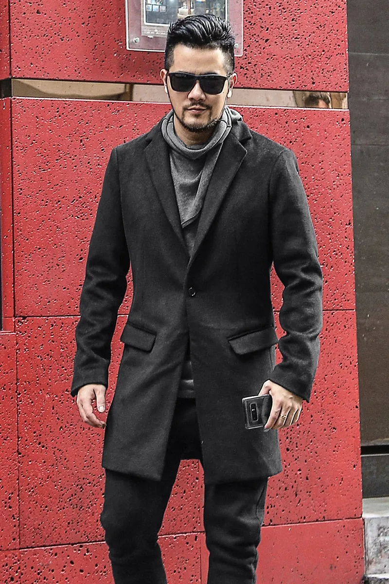 Bold Black British Style Black Long Cashmere Woolen Men Overcoat