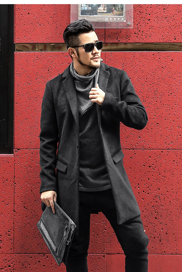 Bold Black British Style Black Long Cashmere Woolen Men Overcoat