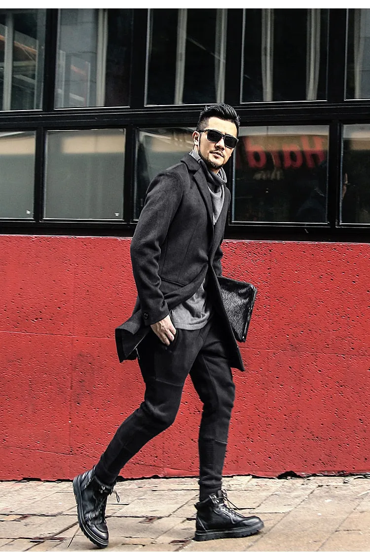 Bold Black British Style Black Long Cashmere Woolen Men Overcoat