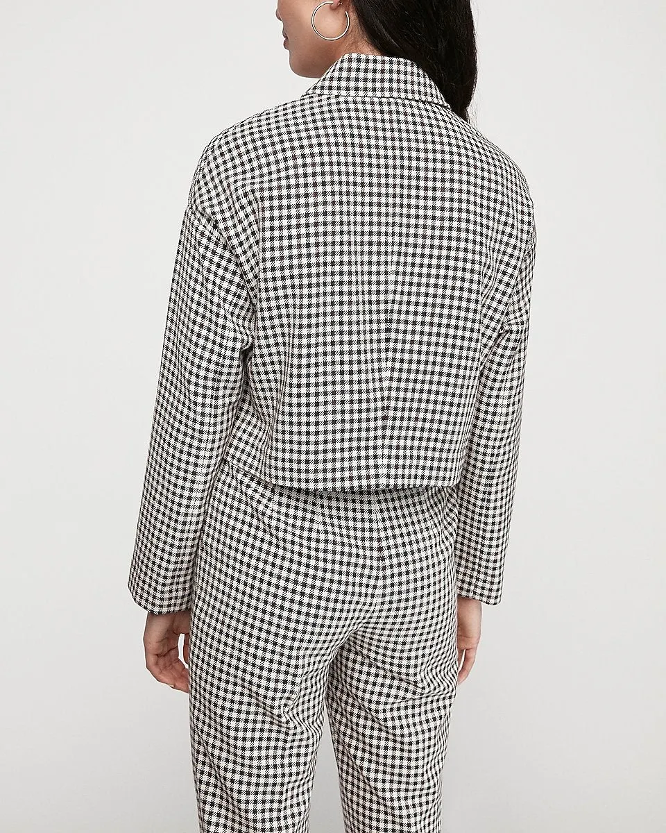 Check Print Cropped Wedge Snap Shut Jacket in Red Print
