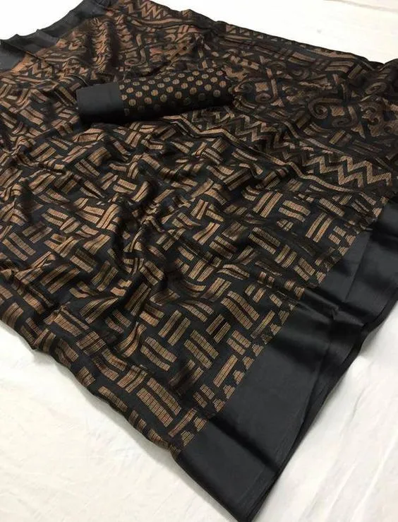 Copper and Black printed Linen Saree