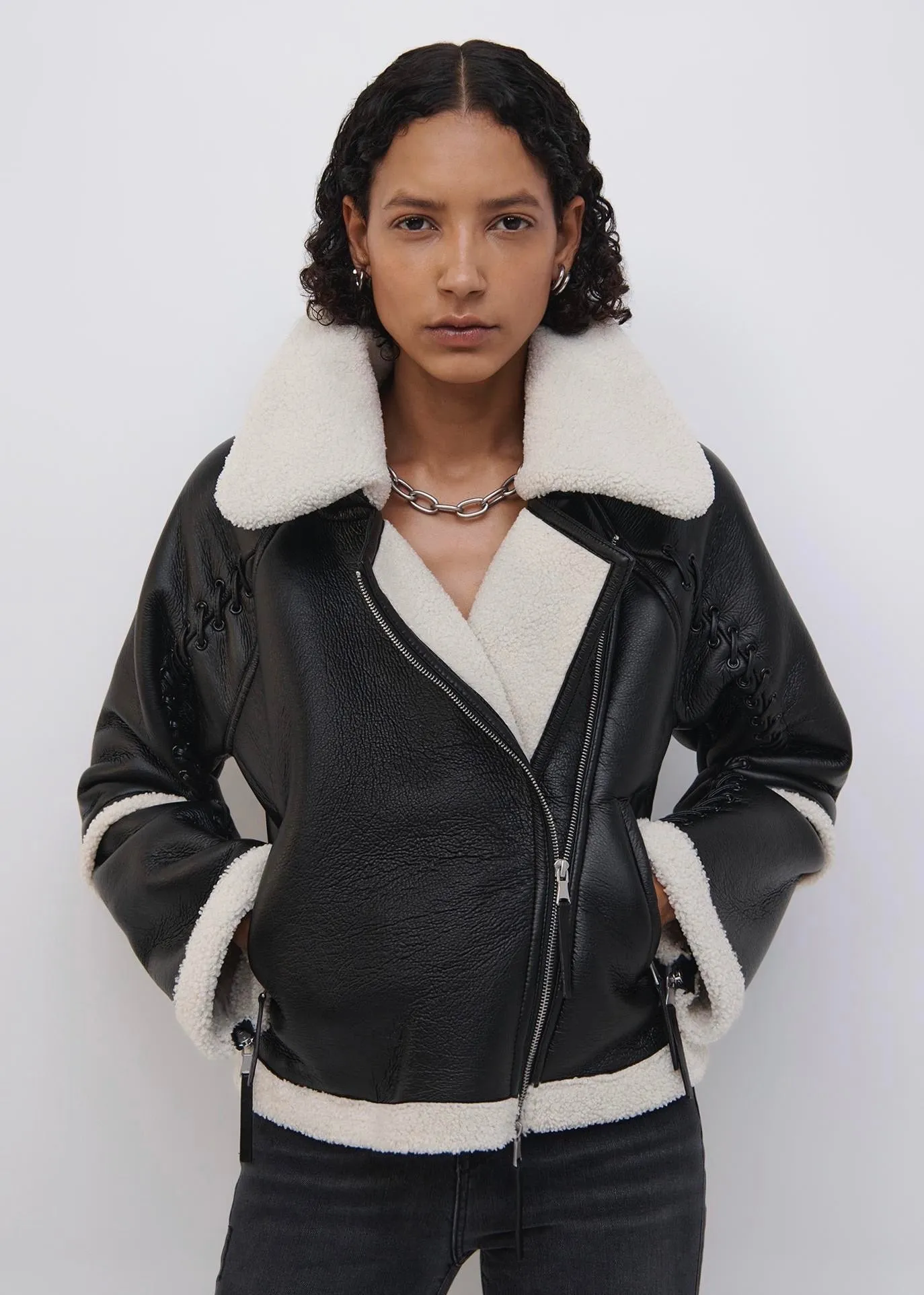 Corinne Vegan Sherpa Moto Jacket (Black)
