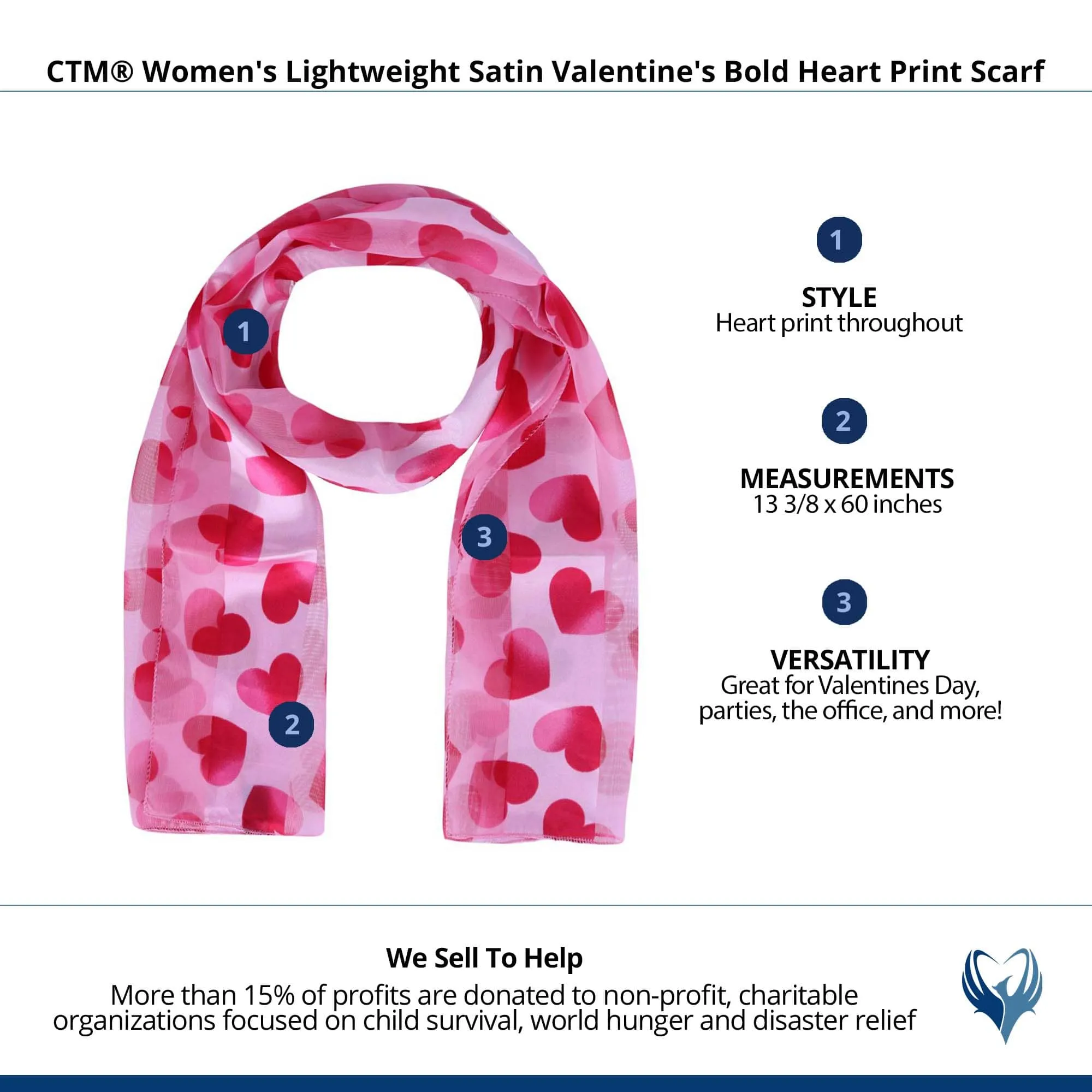 CTM® Women's Lightweight Satin Valentine's Bold Heart Print Scarf