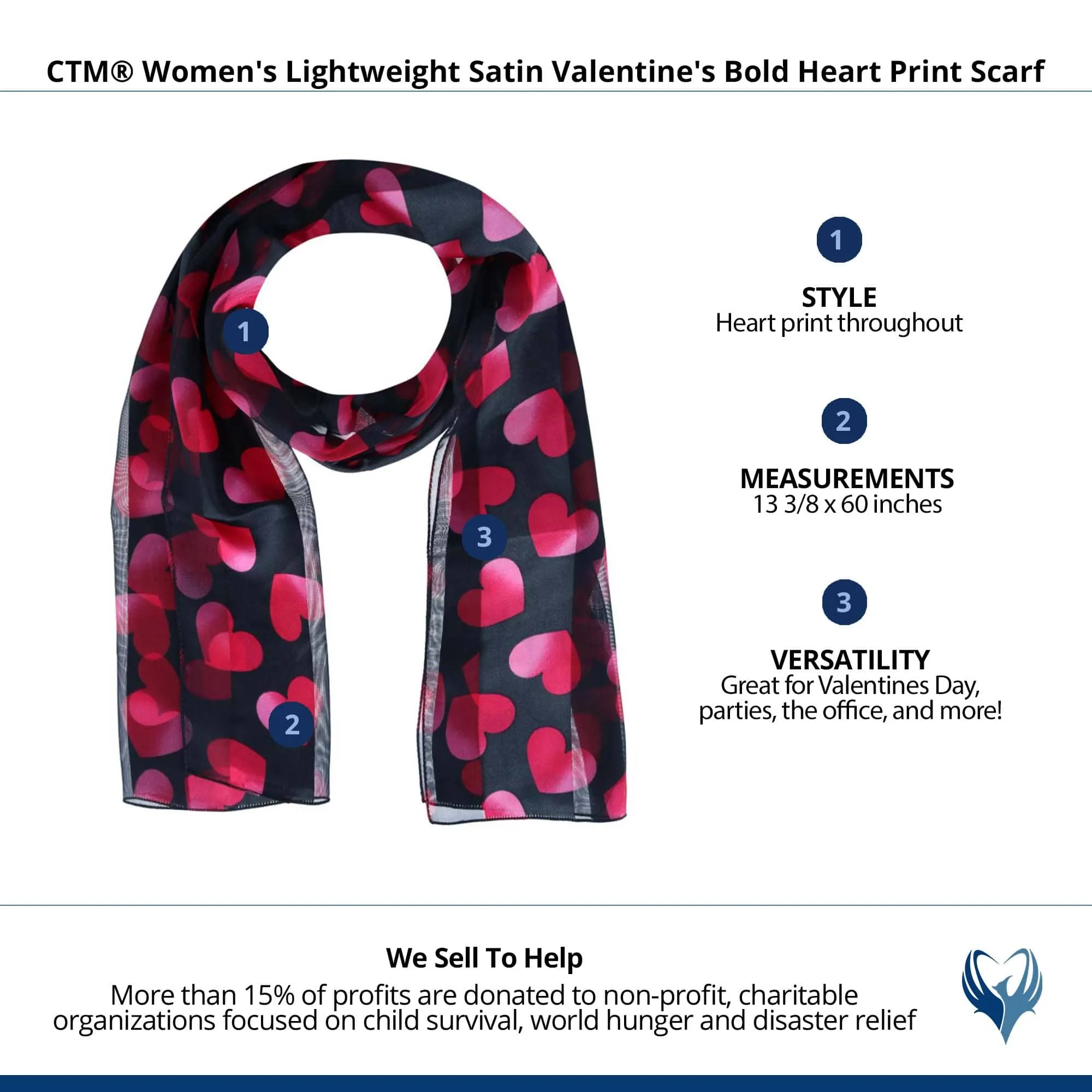 CTM® Women's Lightweight Satin Valentine's Bold Heart Print Scarf