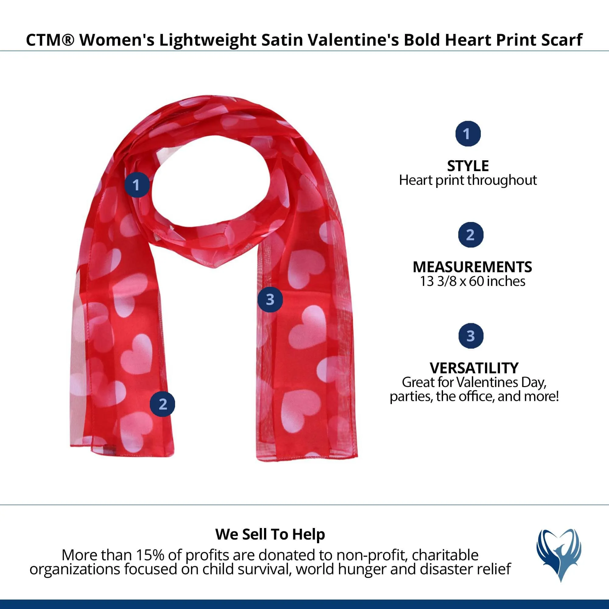 CTM® Women's Lightweight Satin Valentine's Bold Heart Print Scarf