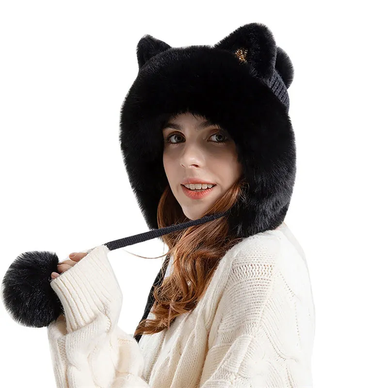 Cute Pullover Hat Thickening Hairball Solid Color Knit Ear Protection Hat
