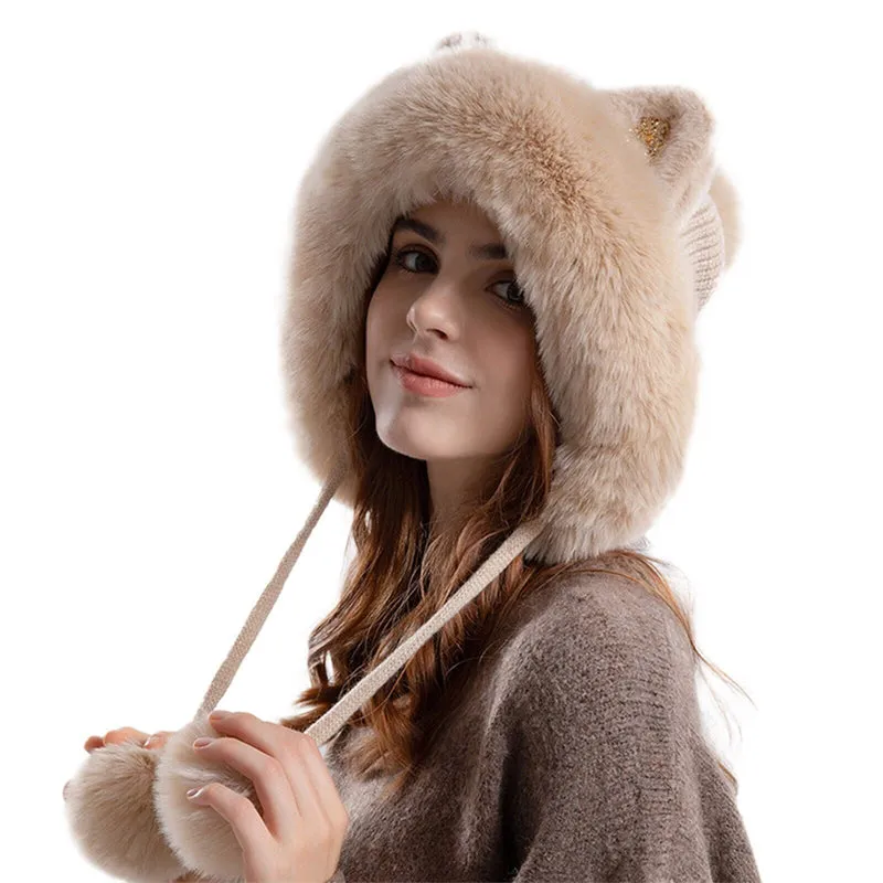 Cute Pullover Hat Thickening Hairball Solid Color Knit Ear Protection Hat