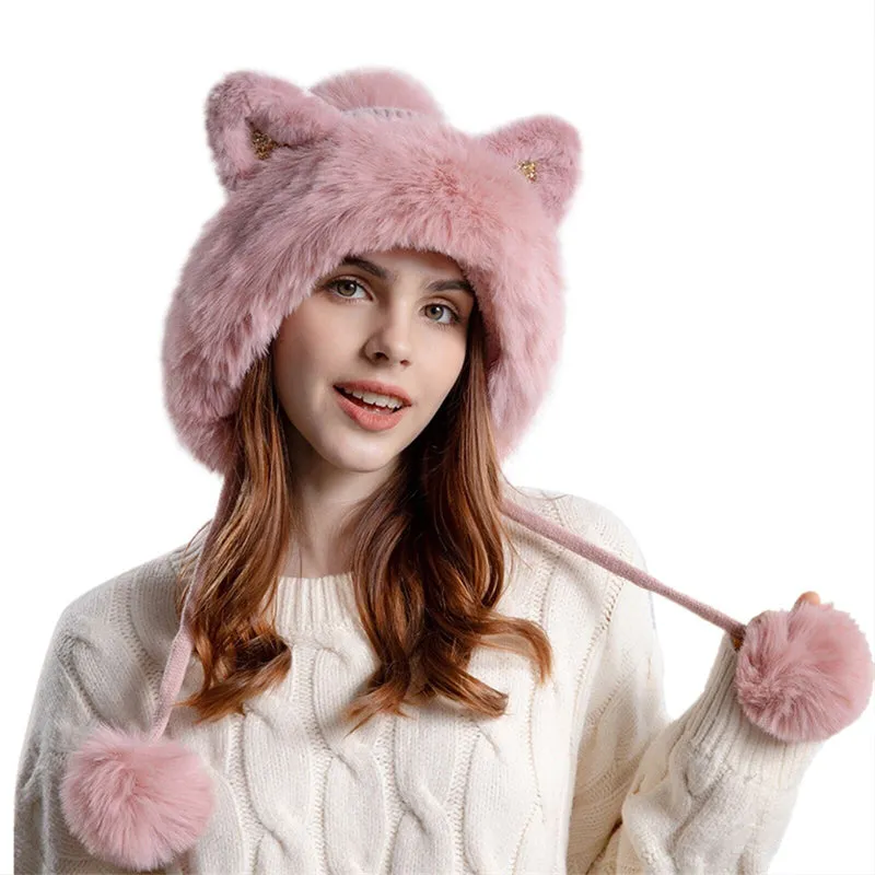 Cute Pullover Hat Thickening Hairball Solid Color Knit Ear Protection Hat