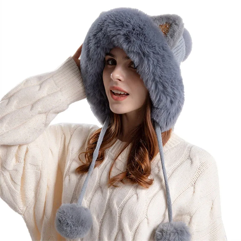 Cute Pullover Hat Thickening Hairball Solid Color Knit Ear Protection Hat