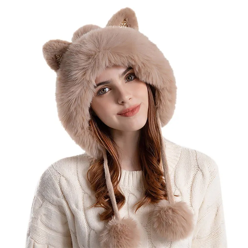 Cute Pullover Hat Thickening Hairball Solid Color Knit Ear Protection Hat