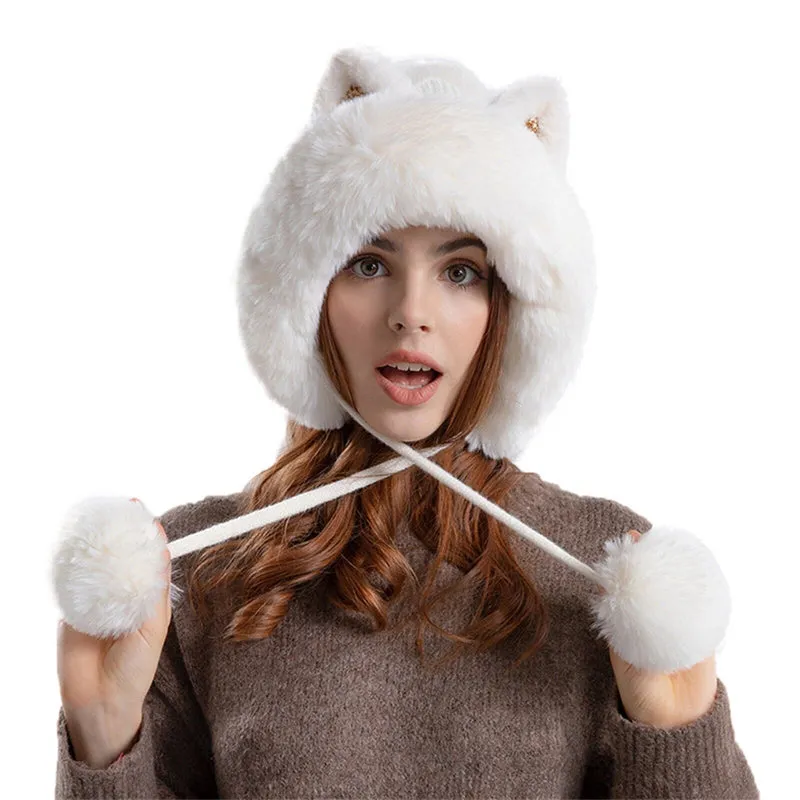 Cute Pullover Hat Thickening Hairball Solid Color Knit Ear Protection Hat