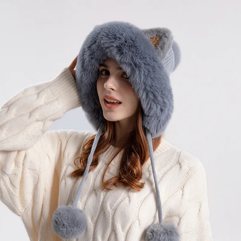 Cute Pullover Hat Thickening Hairball Solid Color Knit Ear Protection Hat