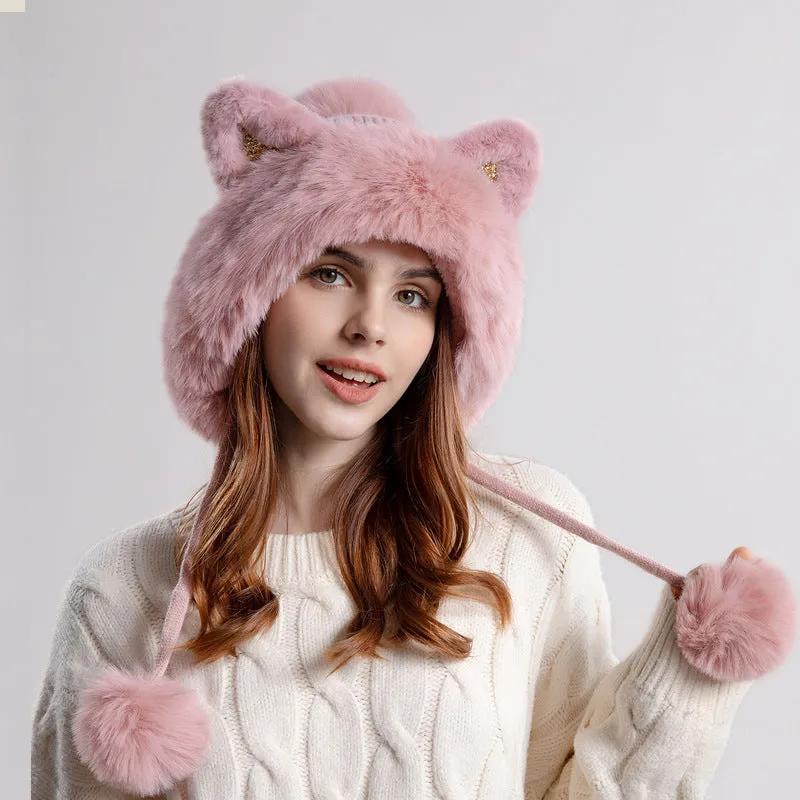Cute Pullover Hat Thickening Hairball Solid Color Knit Ear Protection Hat