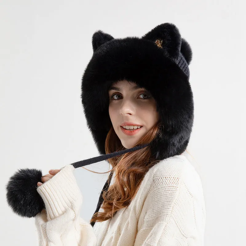 Cute Pullover Hat Thickening Hairball Solid Color Knit Ear Protection Hat