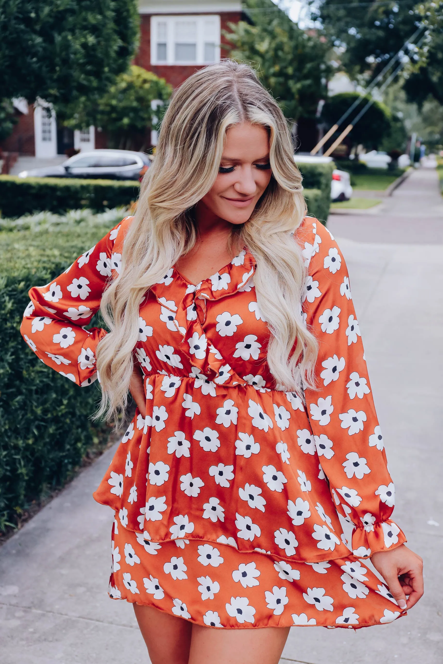Foxy Floral Ruffle Dress - Copper