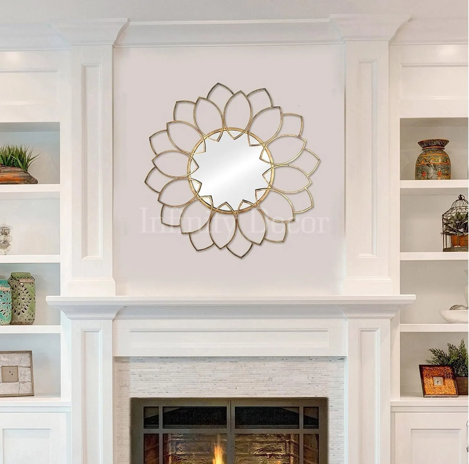 Infinity Decor™ Golden Metal Sun Flower Modern Design Wall Decorative Mirror for Bedroom Wall Mirror for Living Room