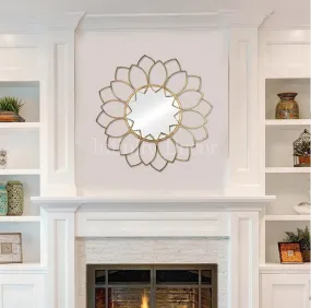 Infinity Decor™ Golden Metal Sun Flower Modern Design Wall Decorative Mirror for Bedroom Wall Mirror for Living Room