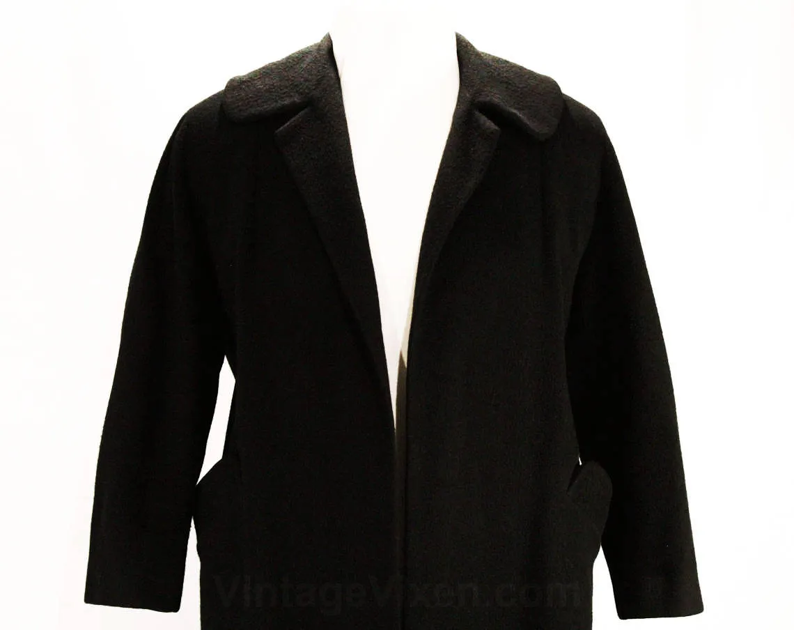Large 1950s Black Coat - Size 12 to 14 Luxurious Overcoat - 50s Open Front Winter Coat - Beautiful Plush Luxury Soft as Cashmere - Bust 42