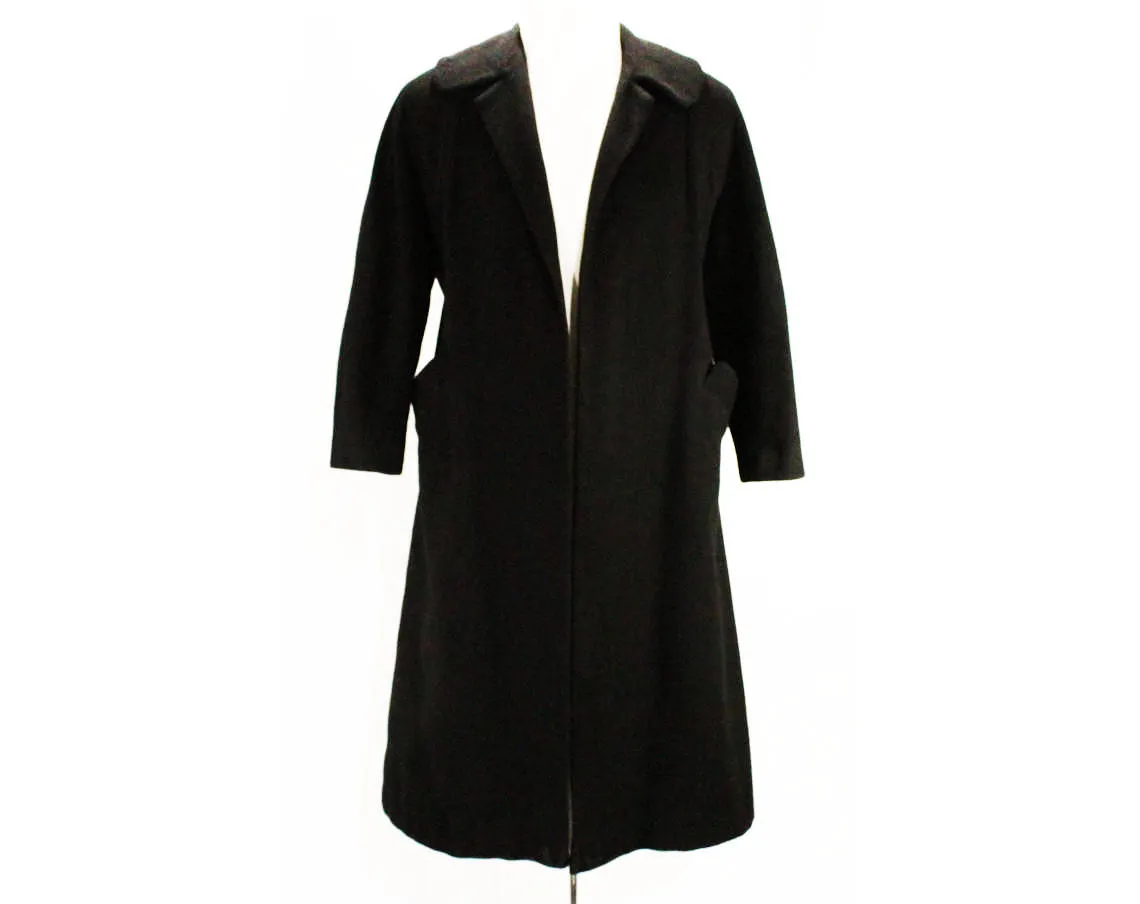 Large 1950s Black Coat - Size 12 to 14 Luxurious Overcoat - 50s Open Front Winter Coat - Beautiful Plush Luxury Soft as Cashmere - Bust 42