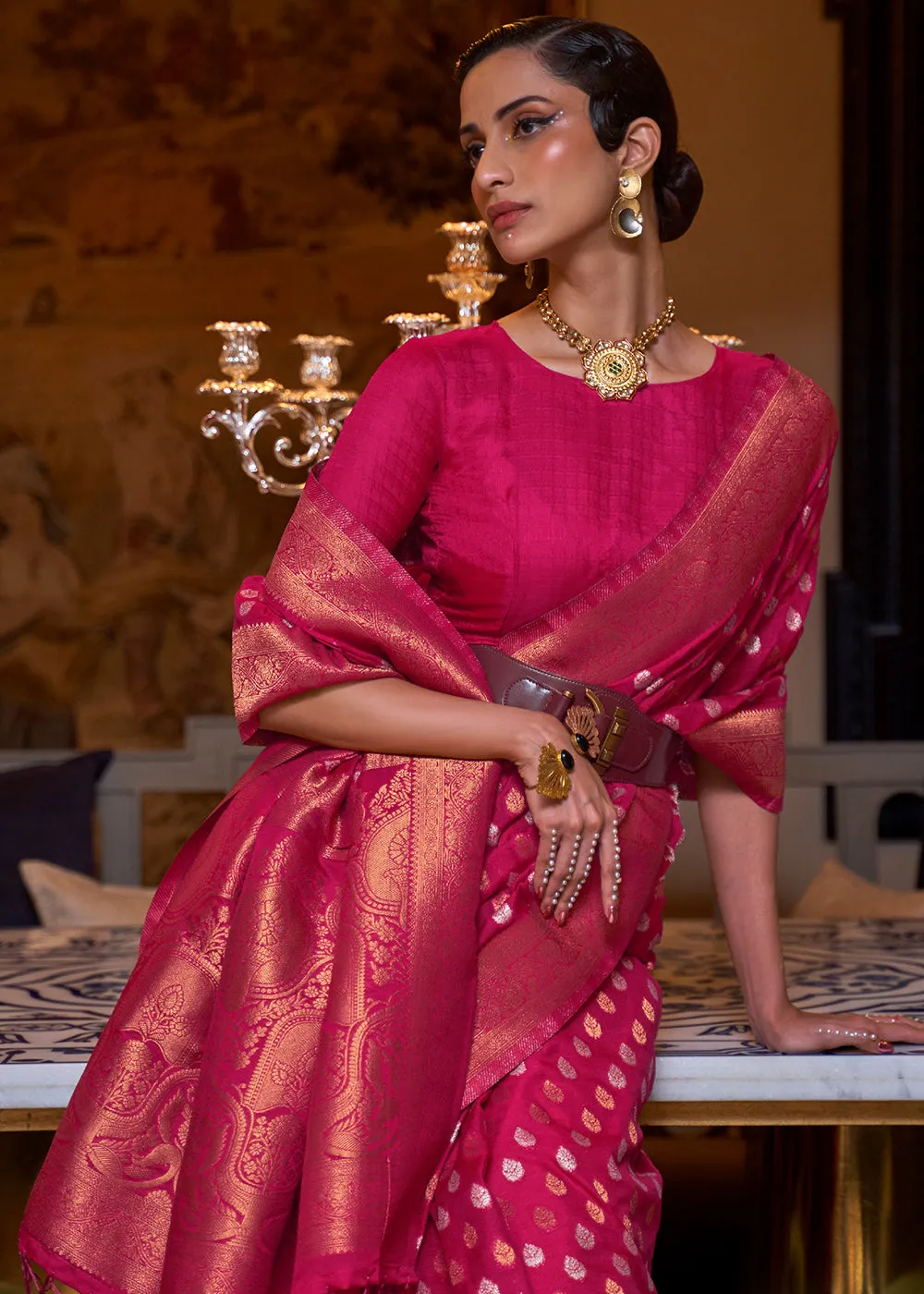 Magenta Pink Copper Zari Woven Banarasi Khaddi Silk Saree