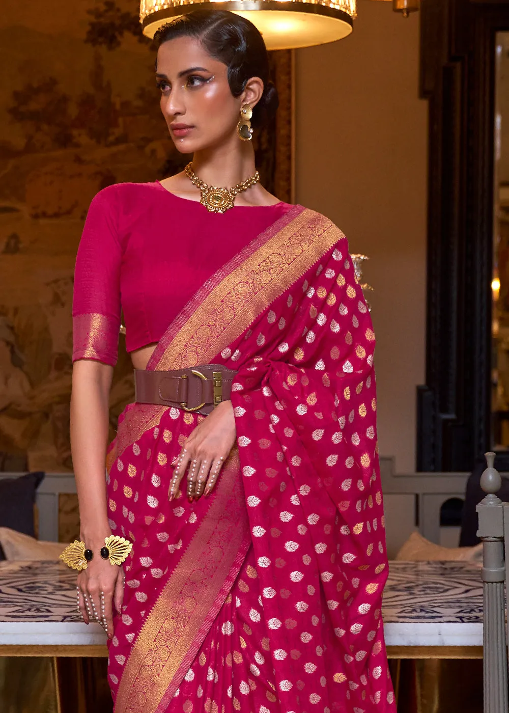 Magenta Pink Copper Zari Woven Banarasi Khaddi Silk Saree