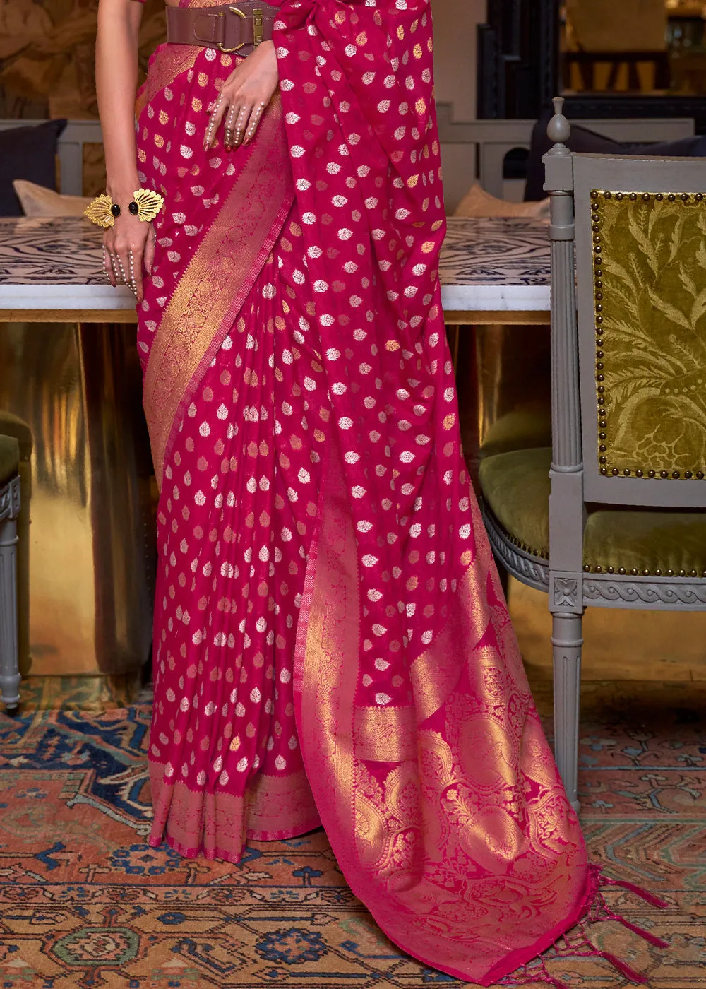 Magenta Pink Copper Zari Woven Banarasi Khaddi Silk Saree