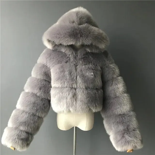 Pre Order:  Plush Hooded Faux Fur Cropped Jacket