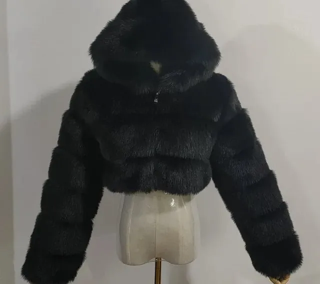 Pre Order:  Plush Hooded Faux Fur Cropped Jacket