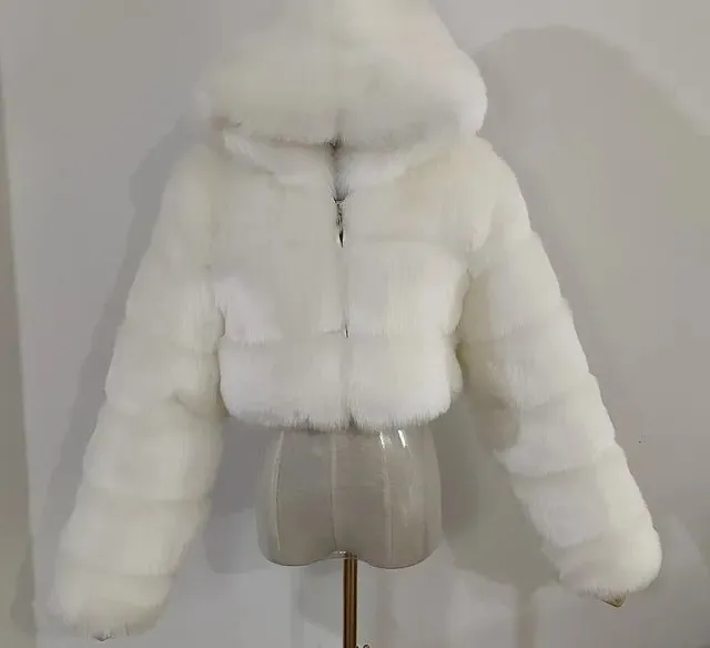 Pre Order:  Plush Hooded Faux Fur Cropped Jacket