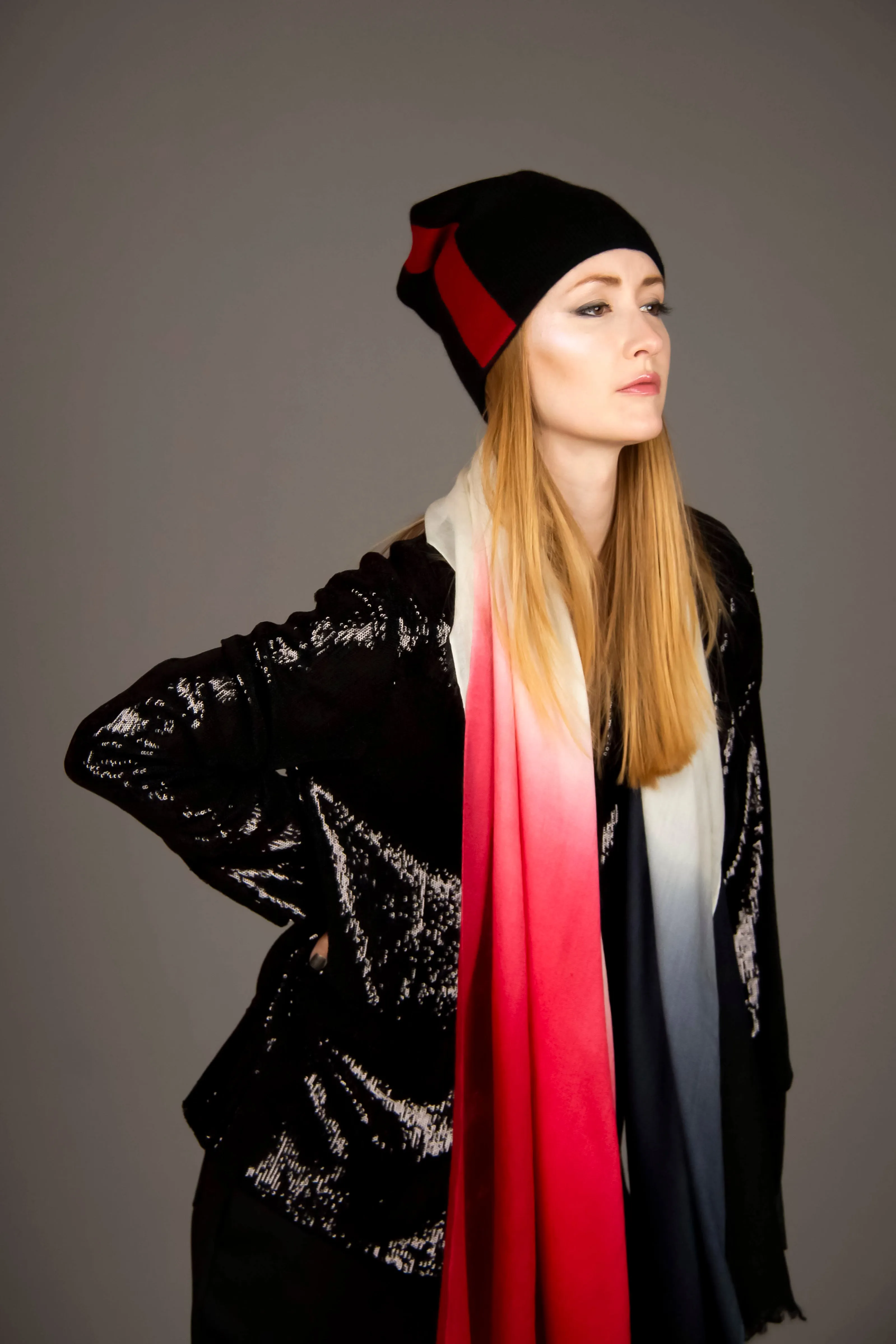 Reversible Slouchy Black and Red Striped Cashmere Hat