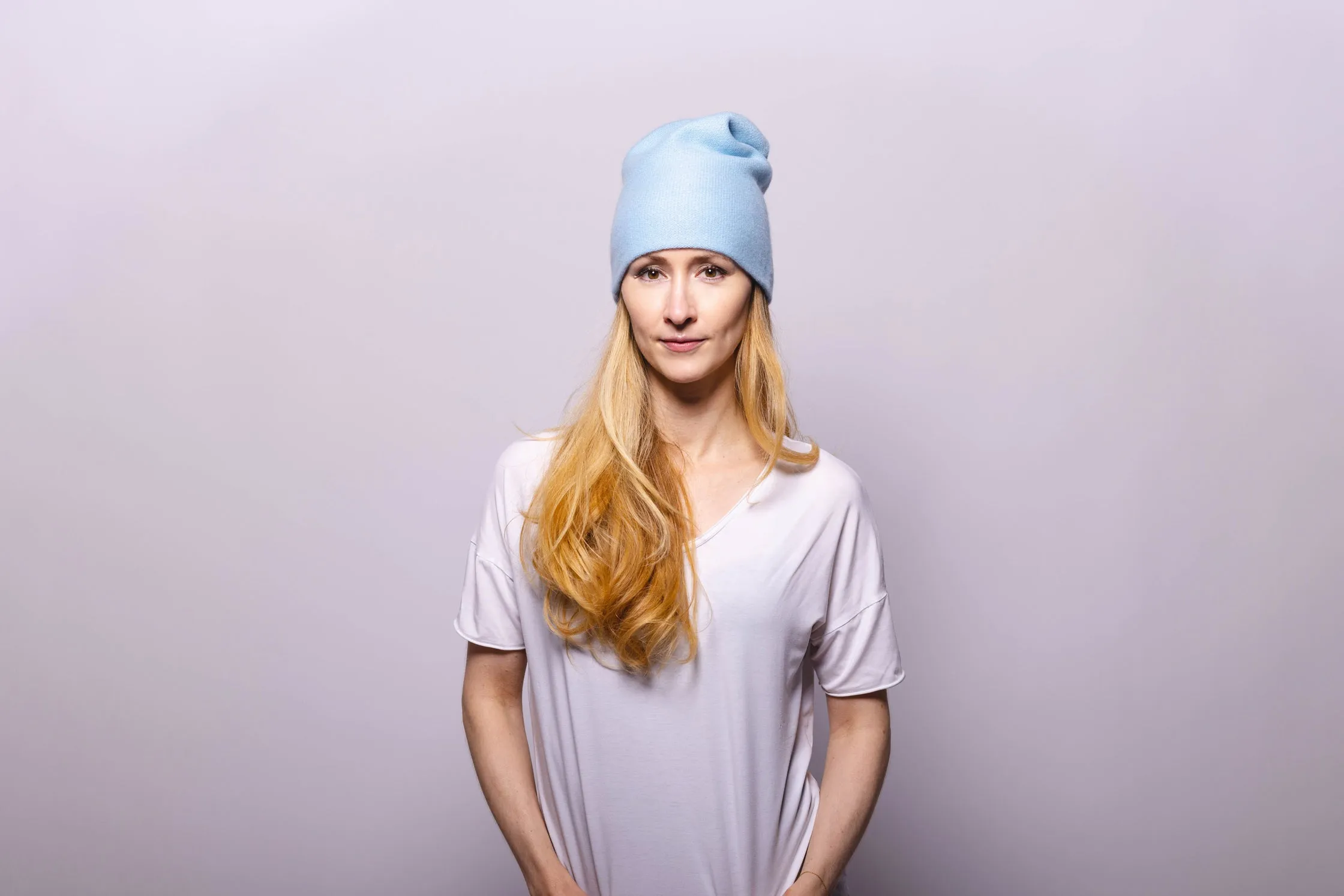 Reversible Slouchy Light Blue Cashmere Hat with Bronze Heart