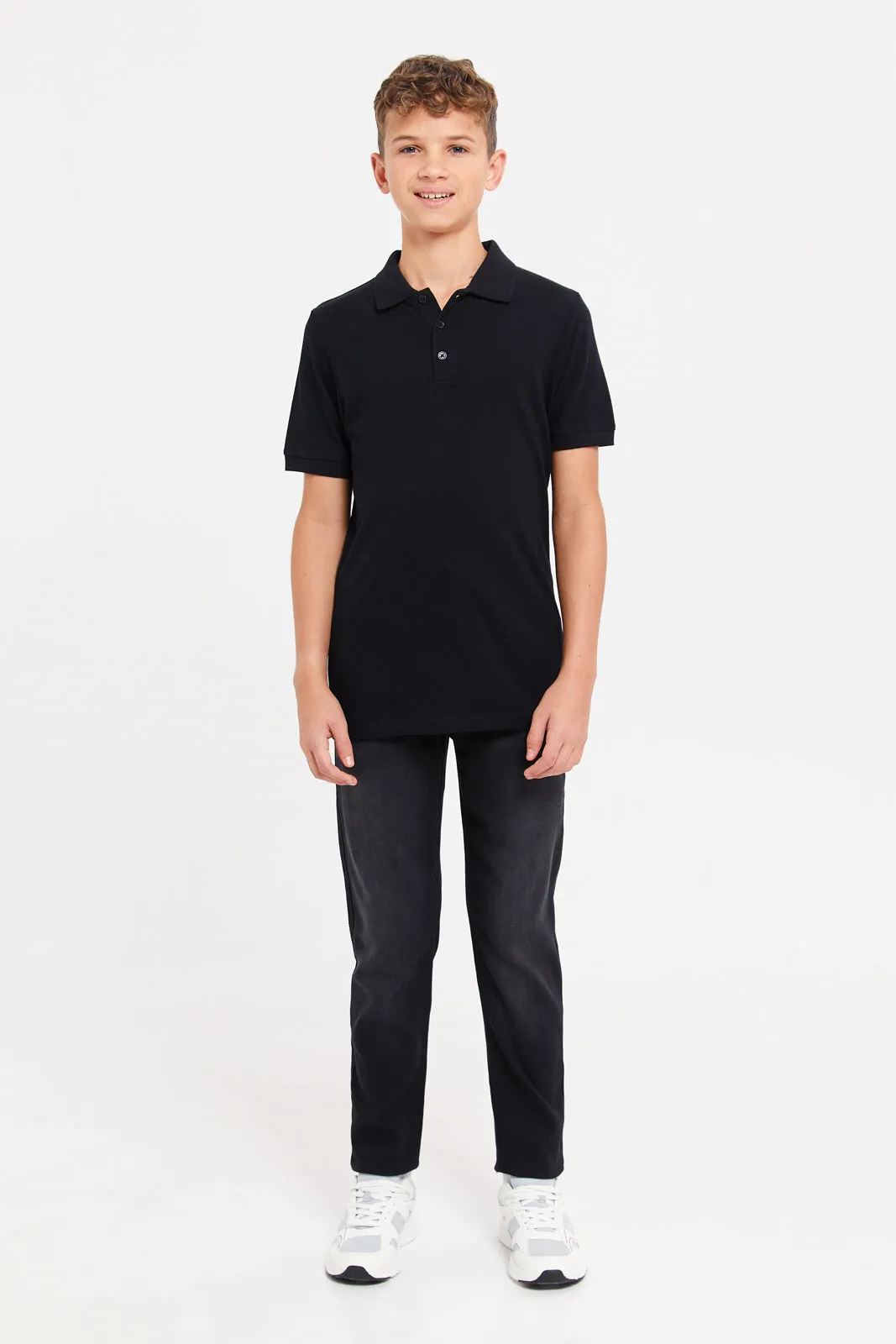 Senior Boys Black And White Plain Polo Shirts Set (Pack Of 2)