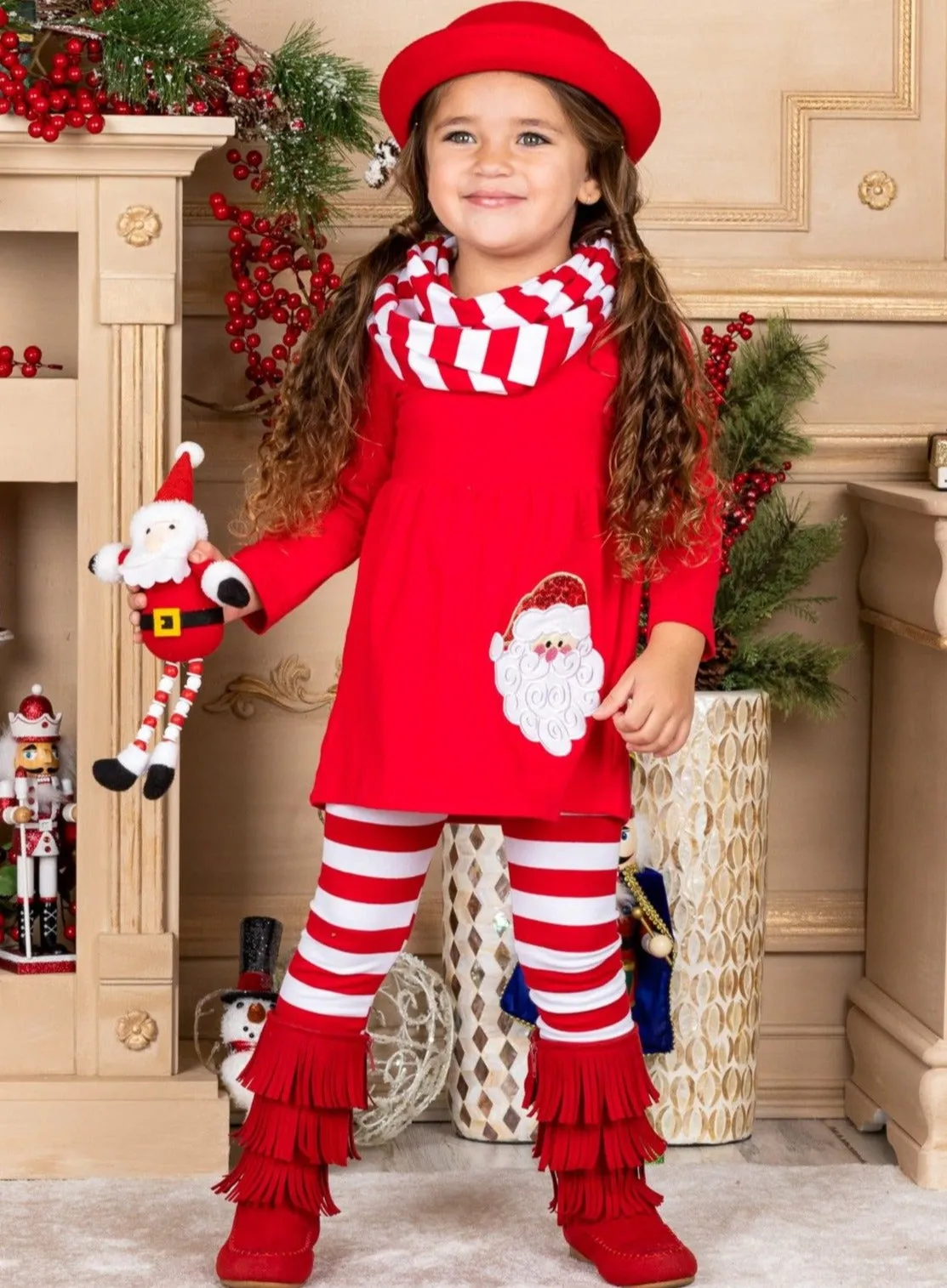 Striped Santa Tunic, Leggings And Scarf Set