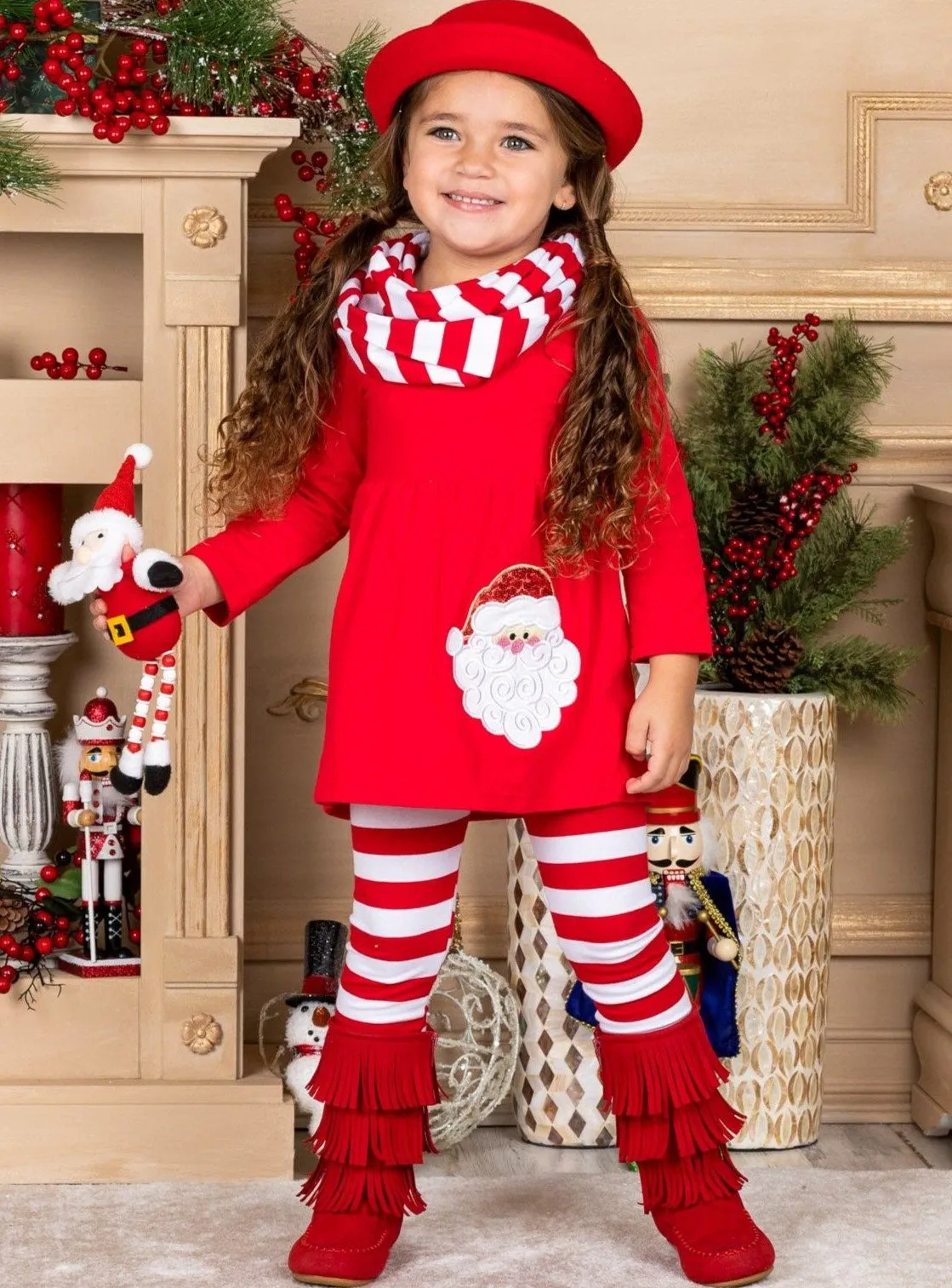 Striped Santa Tunic, Leggings And Scarf Set