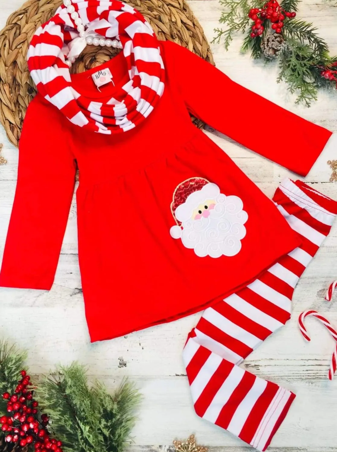Striped Santa Tunic, Leggings And Scarf Set