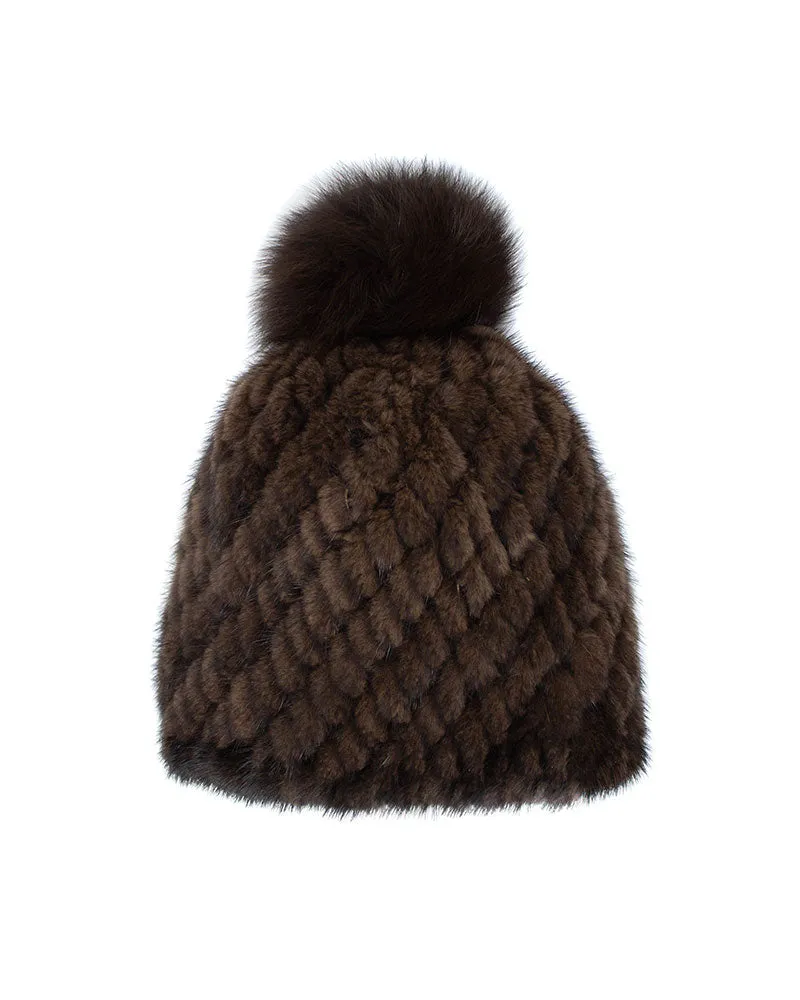 The Knit Mink Fur Hat with Fox Pom in Multiple Colors