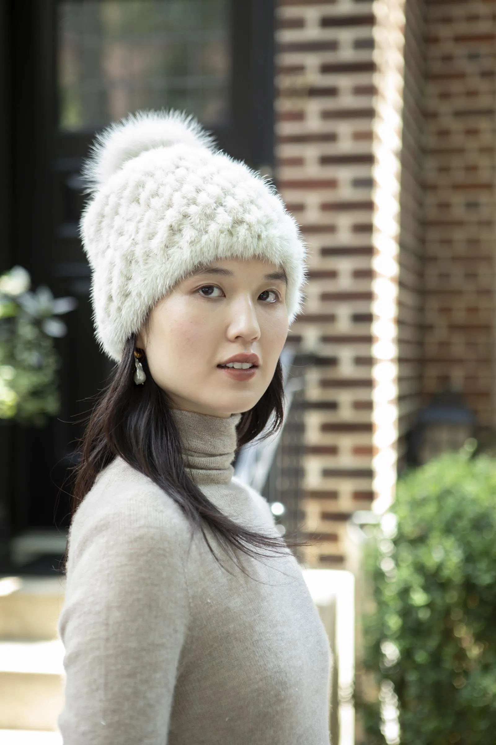 The Knit Mink Fur Hat with Fox Pom in Multiple Colors