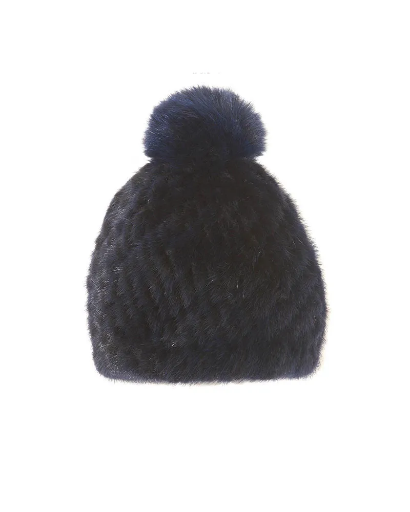The Knit Mink Fur Hat with Fox Pom in Multiple Colors