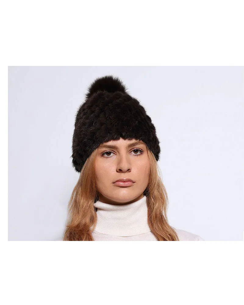 The Knit Mink Fur Hat with Fox Pom in Multiple Colors