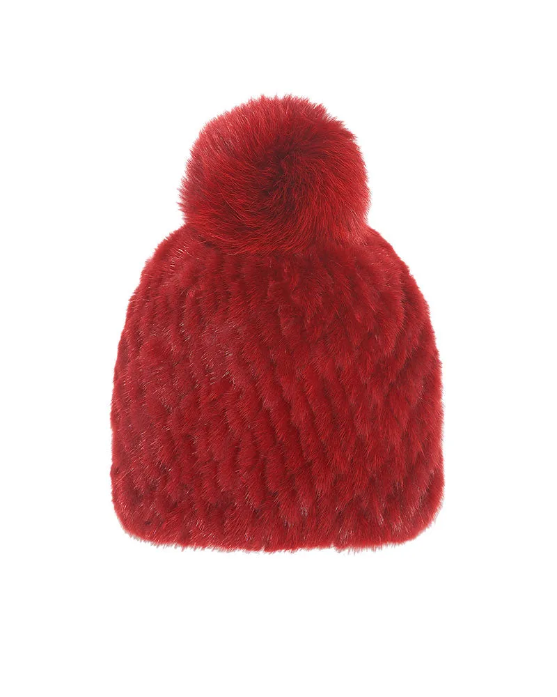 The Knit Mink Fur Hat with Fox Pom in Multiple Colors