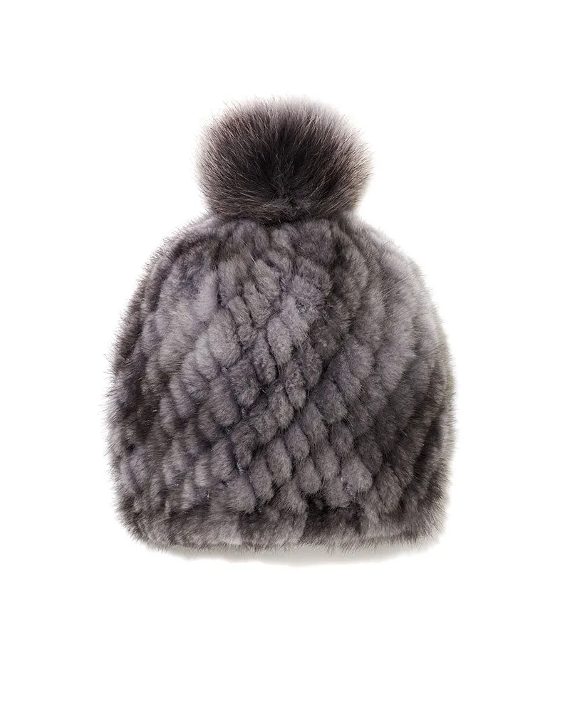 The Knit Mink Fur Hat with Fox Pom in Multiple Colors